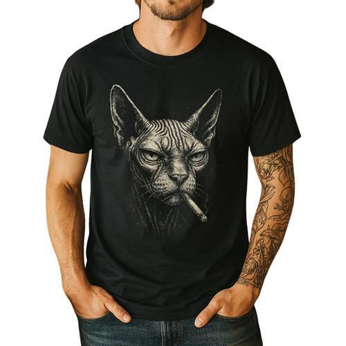 Cigarette Smoking Sphynx Cat Meme Stupid For Dad Men's Casual T-Shirt - Father's Day Fun