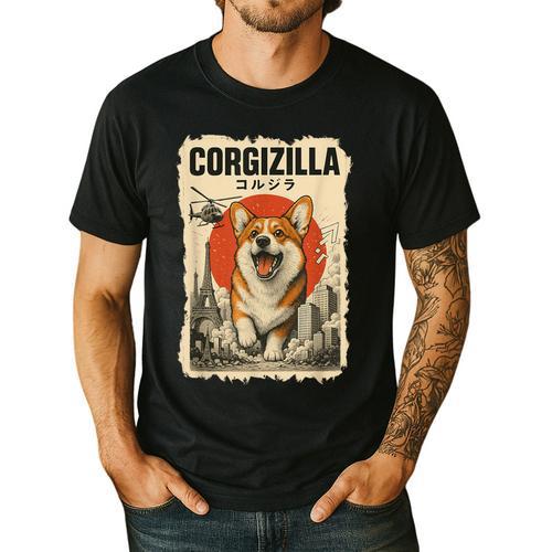CorgiZilla Parody Japanese Art Vintage Corgi Dog Mom Dog Dad For Men Women Kids Men's Casual T-Shirt - Father's Day Fun