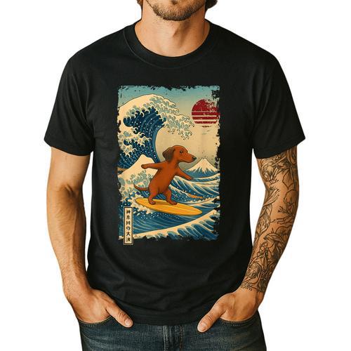 Dachshund Doxie Japanese Kanagawa Wave Surfing Japan Mom Dad Men's Casual T-Shirt - Father's Day Fun