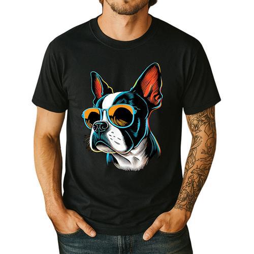 Dad Mom Cool Dog Sunglasses Boston Terrier Men's Casual T-Shirt - Father's Day Fun