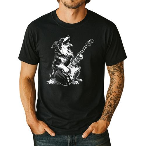Dog Guitarist Guitar Australian Shepherd Dad Mom Men's Casual T-Shirt - Father's Day Fun