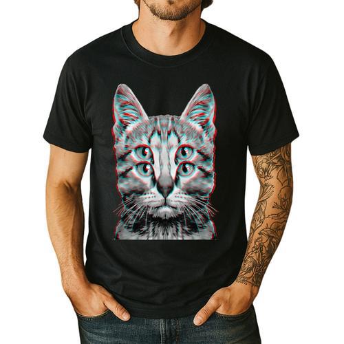 Glitch Weird Cat Kitten Optical Illusion Cat Mom Dad Men's Casual T-Shirt - Father's Day Fun