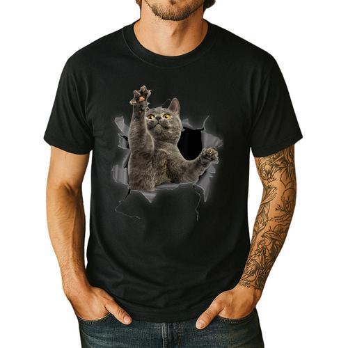 Grey Cat Torn Cloth Cat Dad Cat Mom Cat Lover Men's Casual T-Shirt - Father's Day Fun