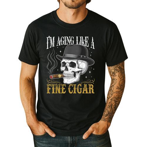 I'm Aging Like a Fine Cigar Skull Dad Retro Adult Men's Casual T-Shirt - Father's Day Fun