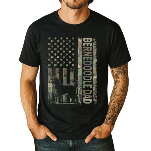 Mini Bernedoodle Dad Camo USA Flag DESIGN ON BACK Men's Casual T-Shirt - Father's Day Fun