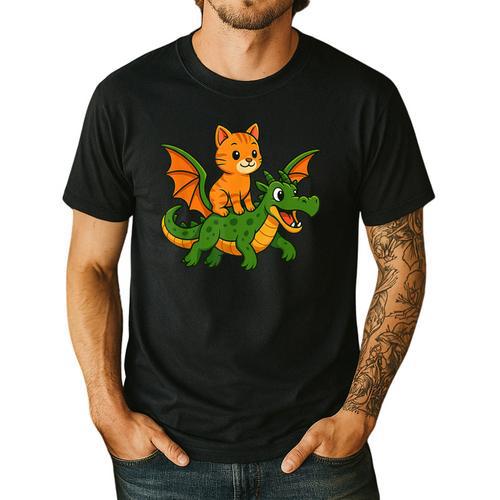 Orange Cat Dragon Riding Animal Lover Mom Dad Kids Men's Casual T-Shirt - Father's Day Fun