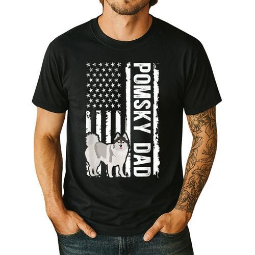Pomsky Dad American Flag Pomsky Owner Pomsky Lover Men's Casual T-Shirt - Father's Day Fun