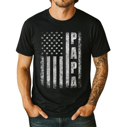 Proud Papa Fathers Day 2025 Dad America USA Flag Men's Casual T-Shirt - Father's Day Fun