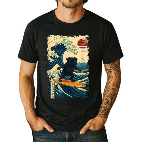 Pug Japanese Kanagawa Wave Surfing Japan Mom Dad Kids Men's Casual T-Shirt - Father's Day Fun