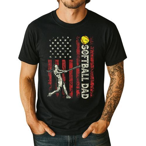 Softball Dad US Flag For Dad Men Patriotic Fathers Day Men's Casual T-Shirt - Father's Day Fun