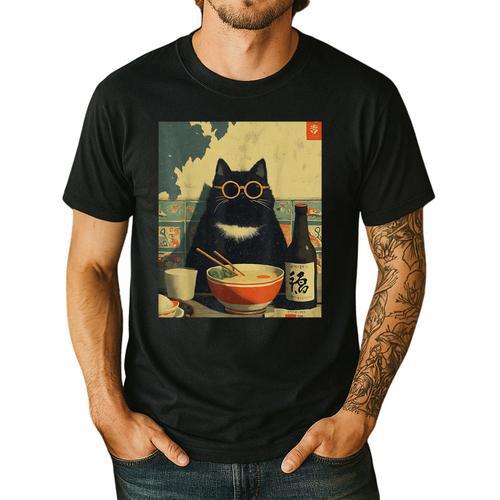 Vintage Japanese Cat Ramen Cat Dad Retro Graphic Women Men's Casual T-Shirt - Father's Day Fun