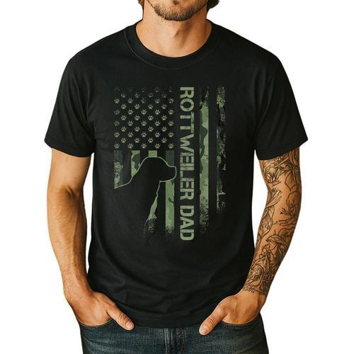 Vintage USA Camo Flag Proud Rottweiler Dad Rottie Silhouette Men's Casual T-Shirt - Father's Day Fun