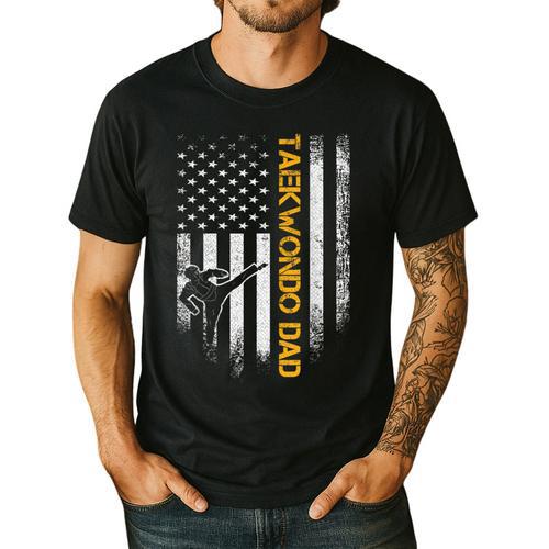 Vintage USA Flag Korea Taekwondo Training Dad Silhouette Men's Casual T-Shirt - Father's Day Fun
