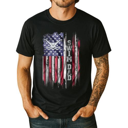 Vintage USA Flag Proud Swimming Dad Swim Swimmer Silhouette Men's Casual T-Shirt - Father's Day Fun