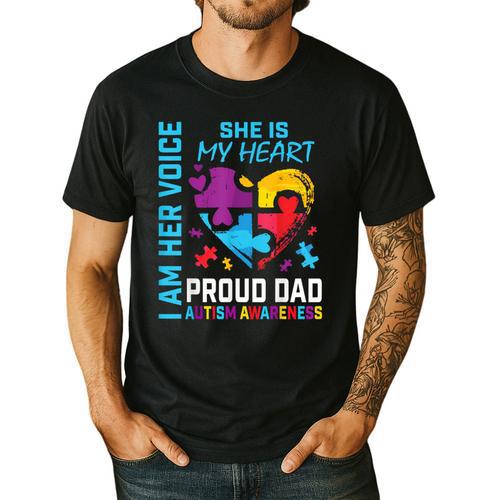I Am Her Voice She Is My Heart Autism Awareness Daughter Dad Men's Casual T-Shirt - Father's Day Fun