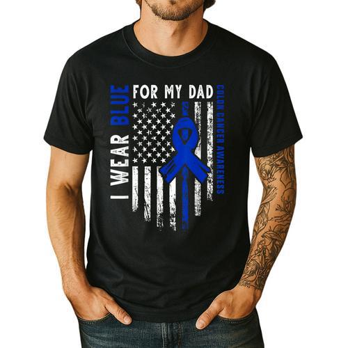 I Wear Blue For My Dad Colon Cancer Awareness Blue USA Flag Men's Casual T-Shirt - Father's Day Fun