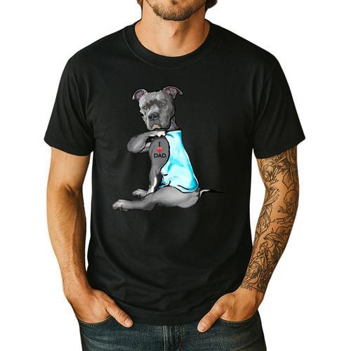 Women Dog Pitbull I Love Dad Tattoo Men's Casual T-Shirt - Father's Day Fun