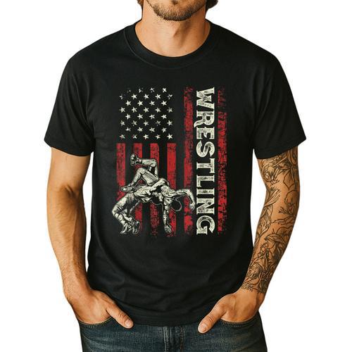 Wrestling US Flag Dad Wrestler Patriotic 4th Of July Men's Casual T-Shirt - Father's Day Fun
