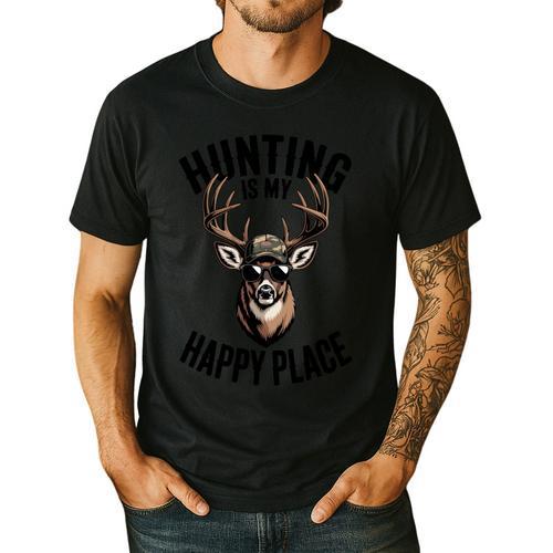 Camo Deer Hunting Is My Happy Place Dad Hunter Men's Casual T-Shirt - Father's Day Fun