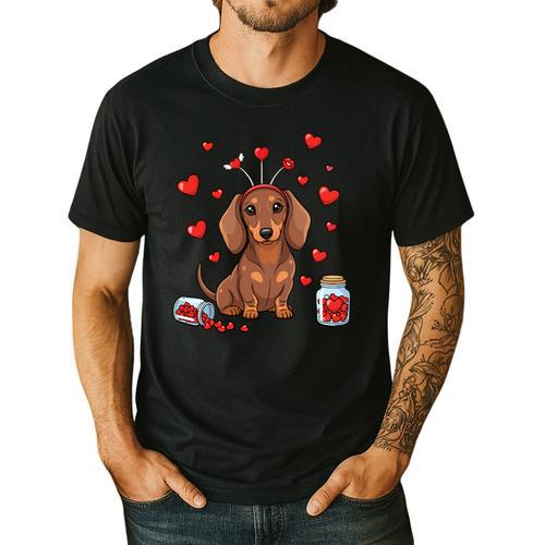 Cute Dachshund Valentine's Day Heart Love Dog Mom Dog Dad Men's Casual T-Shirt - Father's Day Fun
