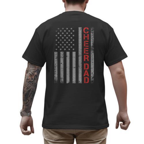 American Flag Cheer Dad Vintage Patriotic Father Cheerleader Men's Back Print T-Shirt - Father's Day Fun