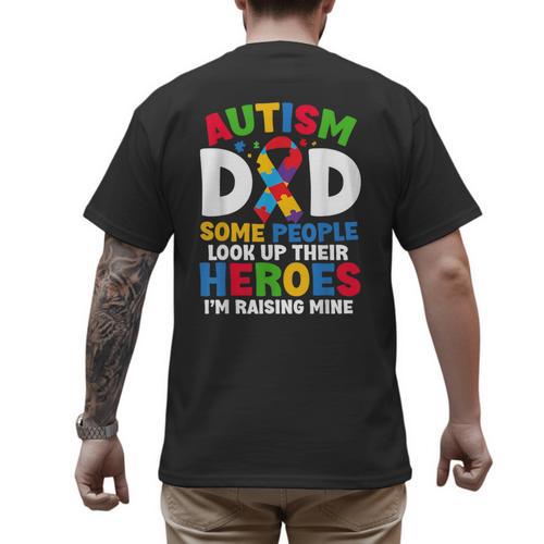 Autism Dad Puzzle Ribbon Proud Son Hero Autism Awareness Men's Back Print T-Shirt - Father's Day Fun