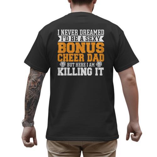 Bonus Cheer Dad Cheer Step Dad Men's Back Print T-Shirt - Father's Day Fun