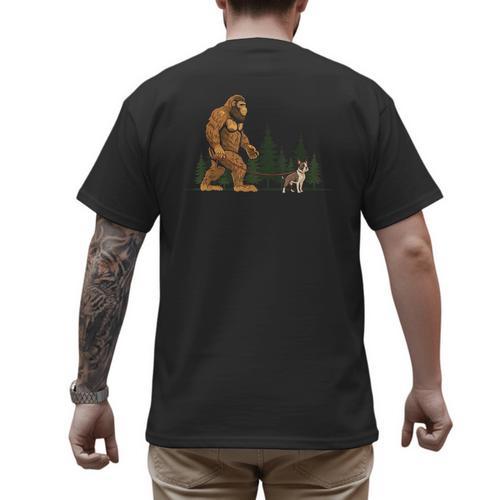 Boston Terrier Bigfoot Dog Walking Dog Mom Dad Kids Men's Back Print T-Shirt - Father's Day Fun