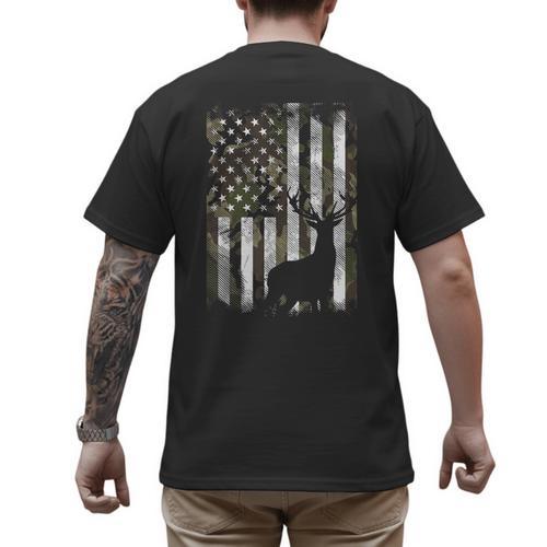 Camo US Flag Deer Elk Buck Camoflage Hunting Hunter Dad Short Sleeve Men's Back Print T-Shirt - Father's Day Fun