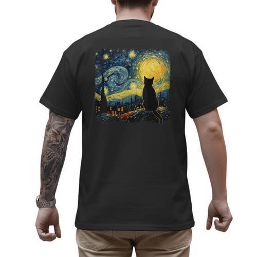 Cat Starry Night Van Gogh Cat For Cat Lover Cat Mom Cat Dad Men's Back Print T-Shirt - Father's Day Fun