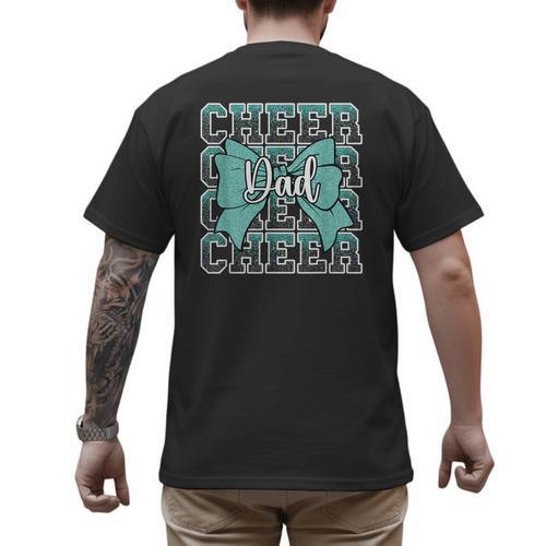 Cheer Dad Daddy Bow Sport Cheerleader Cheerleading Teal Blue Men's Back Print T-Shirt - Father's Day Fun
