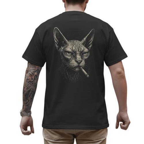 Cigarette Smoking Sphynx Cat Meme Stupid For Dad Men's Back Print T-Shirt - Father's Day Fun