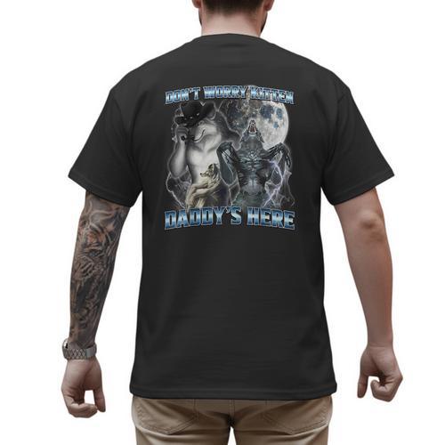 Cool Alpha Wolf Meme Don't Worry Kitten Daddy's Here Men's Back Print T-Shirt - Father's Day Fun