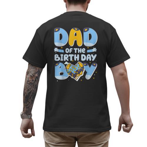 Dad Of The Birthday Boy Blue Dog Family Matching Men's Back Print T-Shirt - Father's Day Fun