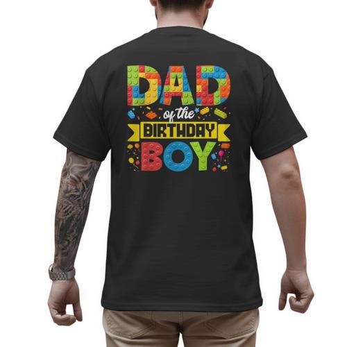 Dad Of The Birthday Boy Master Builder Kids Building Blocks Men's Back Print T-Shirt - Father's Day Fun