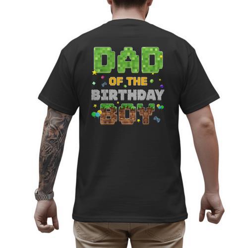 Dad Of The Birthday Boy Pixel Gamer Party Matching Family Men's Back Print T-Shirt - Father's Day Fun