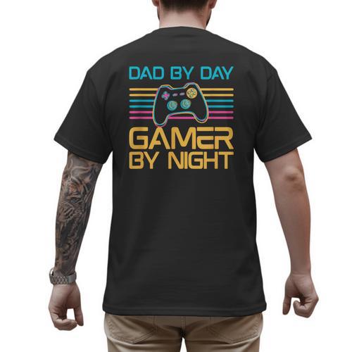 Dad By Day Gamer By Night Video Games Lover Gamer Dad Men's Back Print T-Shirt - Father's Day Fun