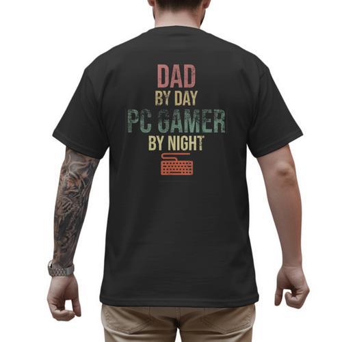 Dad By Day PC Gamer By Night For Gaming Dads Men's Back Print T-Shirt - Father's Day Fun