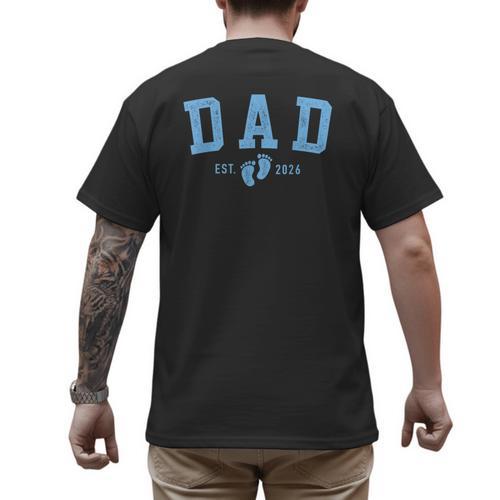 Dad Est 2026 Blue Baby Feet First Time Boy Daddy Men's Back Print T-Shirt - Father's Day Fun