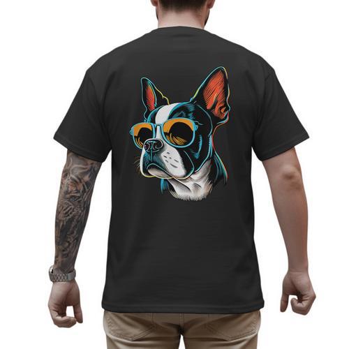 Dad Mom Cool Dog Sunglasses Boston Terrier Men's Back Print T-Shirt - Father's Day Fun
