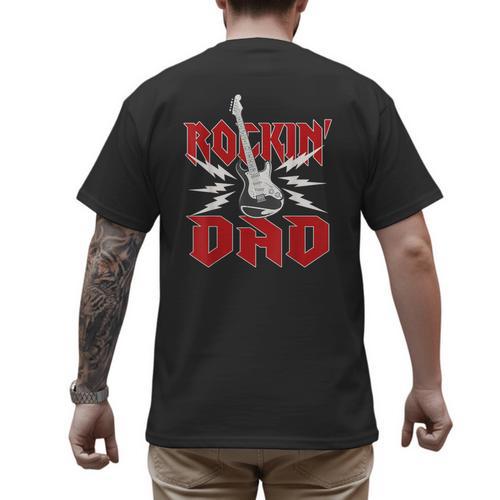 Dad Rockin One Birthday Family Matching Rock Guitar Men's Back Print T-Shirt - Father's Day Fun