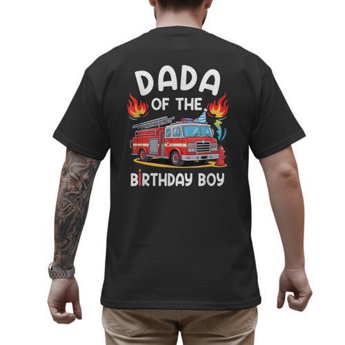 Dada Of The Birthday Boy Fire Truck Firefighter 1St Party Men's Back Print T-Shirt - Father's Day Fun