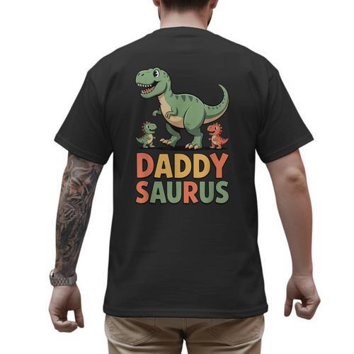 Daddy Saurus Dinosaur Dad Of Two Kids Dino Family Men's Back Print T-Shirt - Father's Day Fun
