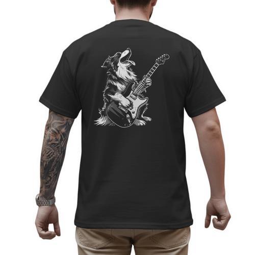 Dog Guitarist Guitar Australian Shepherd Dad Mom Men's Back Print T-Shirt - Father's Day Fun