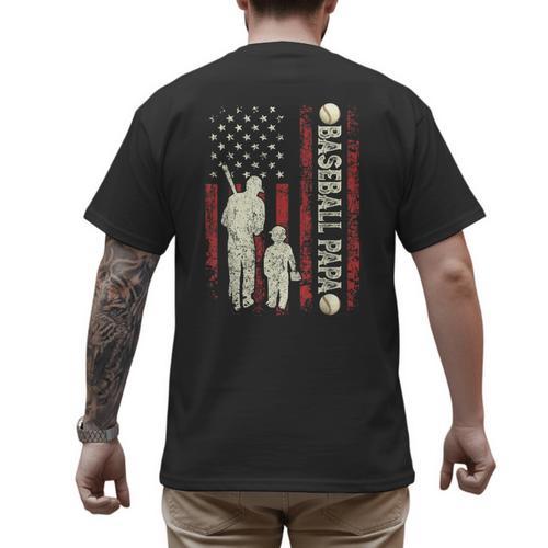 Father's Day Baseball Papa USA Flag Dad Men Baseball Men's Back Print T-Shirt - Father's Day Fun