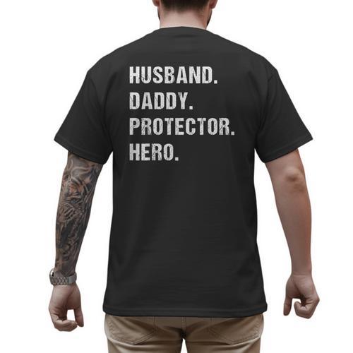 Husband Daddy Protector Hero For Dad Wife Small Men's Back Print T-Shirt - Father's Day Fun
