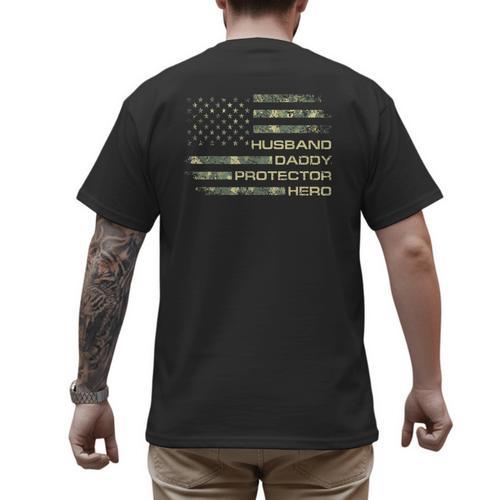 Husband Daddy Protector Hero Fathers Day Camo American Flag Men's Back Print T-Shirt - Father's Day Fun
