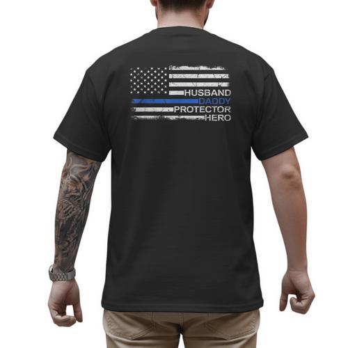 Husband Daddy Protector Hero Police Officer Father Dad Men's Back Print T-Shirt - Father's Day Fun