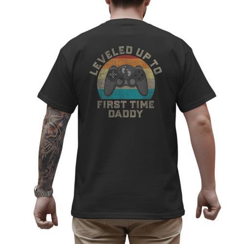 I Leveled Up To First Time Daddy Soon To Be Dad Men's Back Print T-Shirt - Father's Day Fun