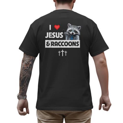 I Love Jesus And Raccoons Mom Dad Christian Love Jesus Bible Men's Back Print T-Shirt - Father's Day Fun